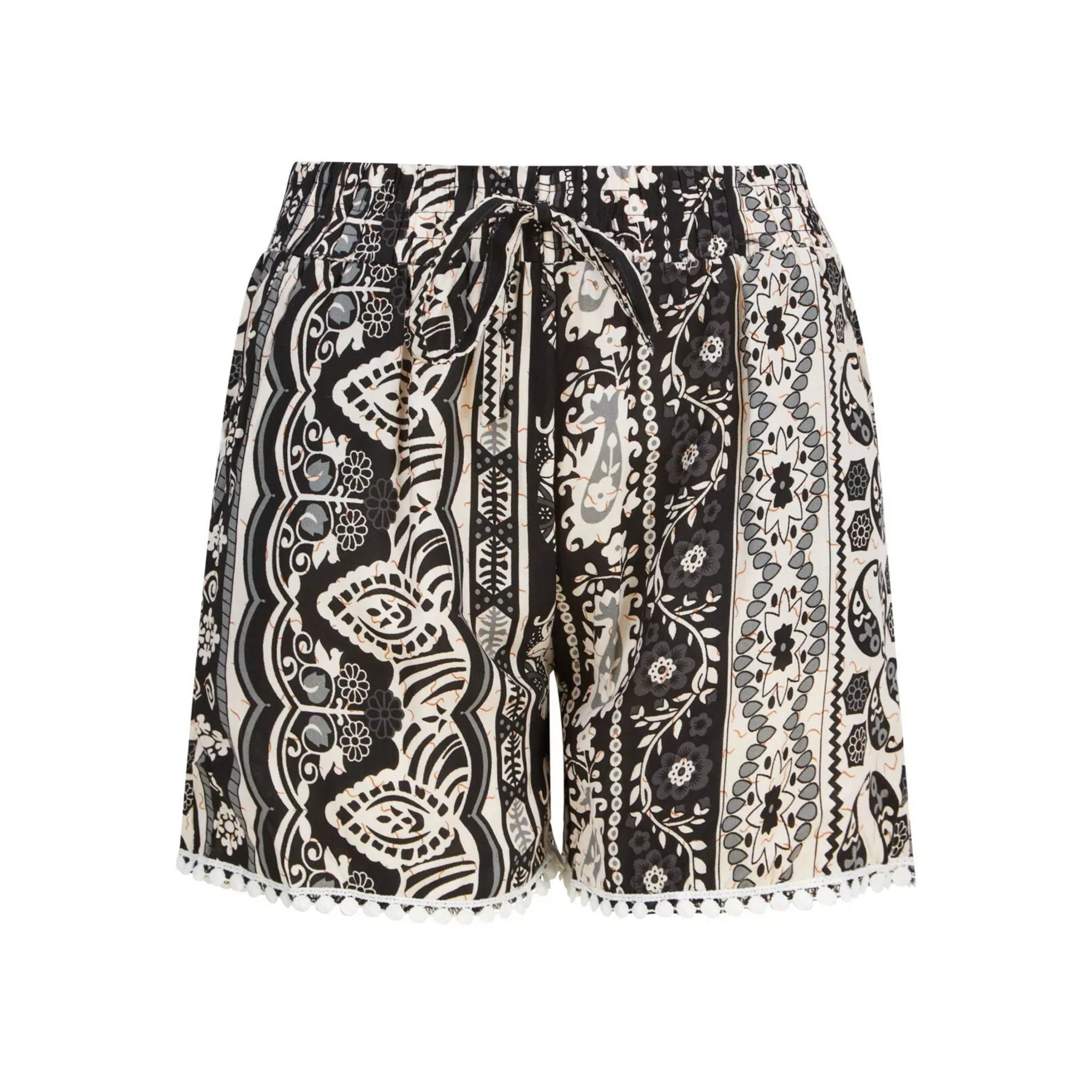 Ladies' black and beige 100% cotton elephant print shorts with boho pattern, drawstring waist, and pom-pom hem – lightweight summer holiday shorts